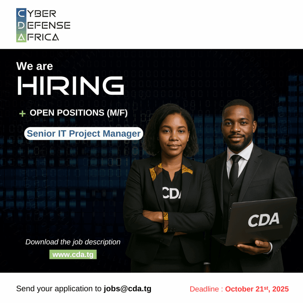 Cyber Defense Africa is recruiting a Senior IT Project Manager. Strategic role contributing to the security and consistency of CDA’s information systems.