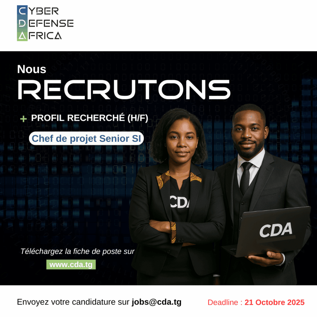 CDA recrute un Chef de projet senior SI à Lomé. Poste stratégique, environnement exigeant. Candidatures jusqu’au 21 octobre 2025.