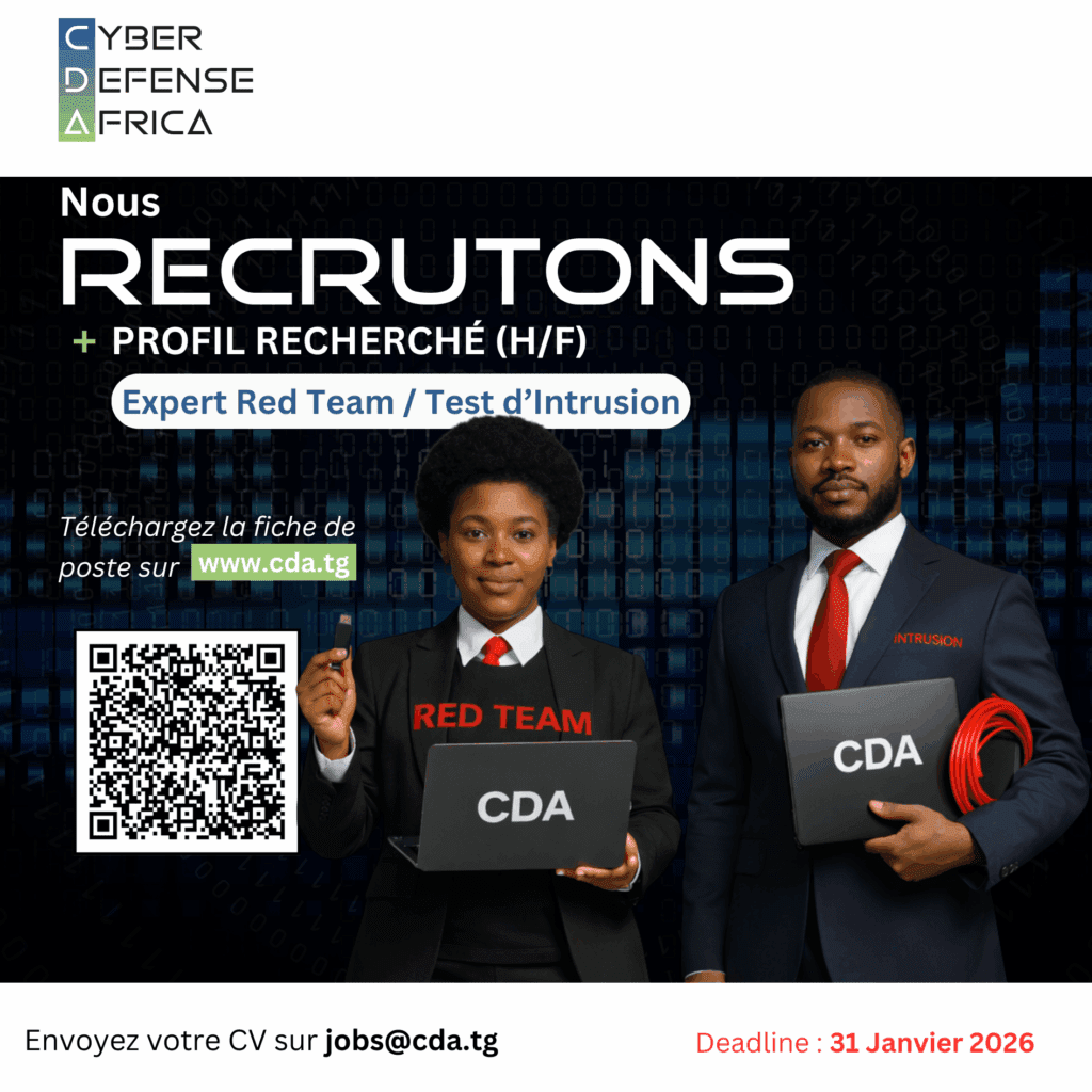 CDA recrute un Expert Red Team / Test d’intrusion à Lomé.